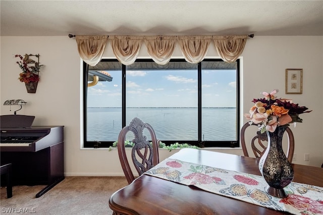 carpeted dining room featuring a water view