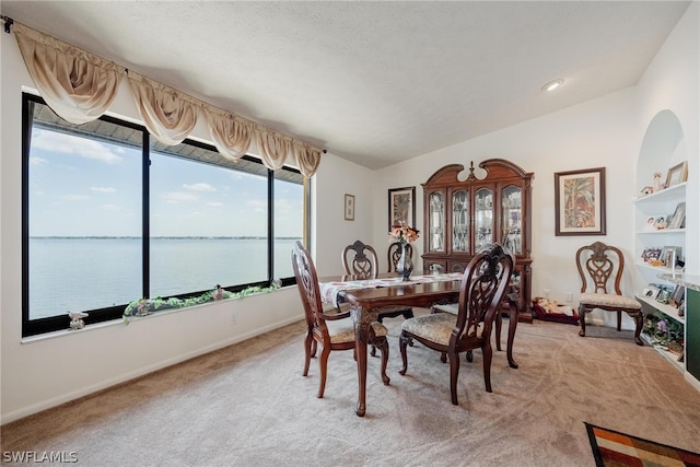 carpeted dining area with a water view, lofted ceiling, and a textured ceiling