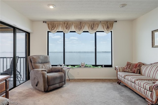 living room with a water view, plenty of natural light, carpet floors, and a textured ceiling