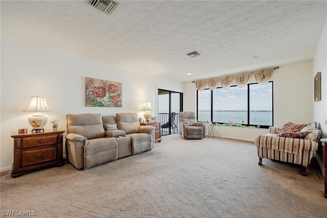 living room featuring a water view, carpet flooring, and a textured ceiling