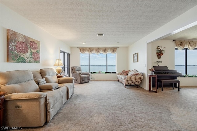 carpeted living room featuring a water view and a textured ceiling