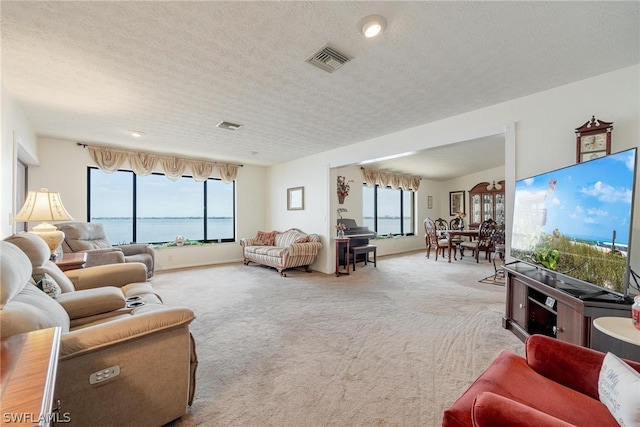 living room with a healthy amount of sunlight, carpet, and a textured ceiling