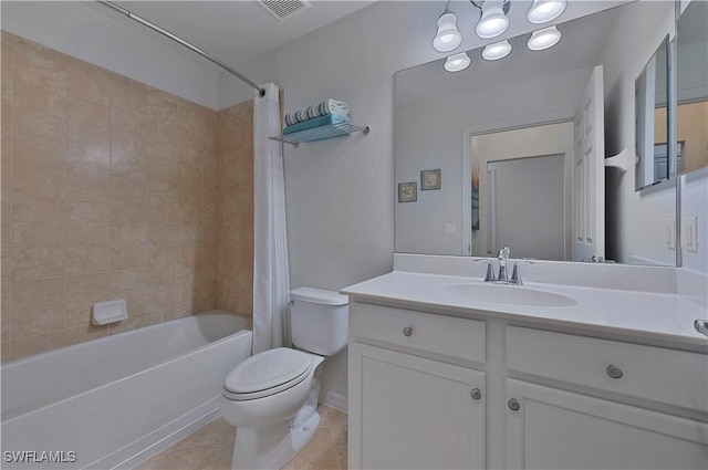 full bathroom featuring vanity, toilet, shower / bath combination with curtain, and tile patterned floors