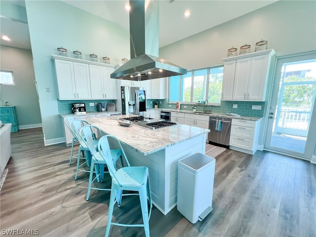 kitchen with white cabinets, island exhaust hood, light hardwood / wood-style flooring, and appliances with stainless steel finishes