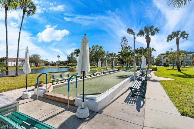 view of nearby features with a water view and a yard