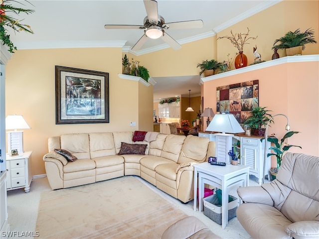 carpeted living room featuring crown molding, ceiling fan, and lofted ceiling