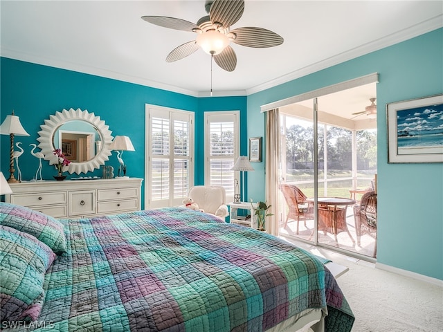 carpeted bedroom with crown molding, ceiling fan, and access to outside