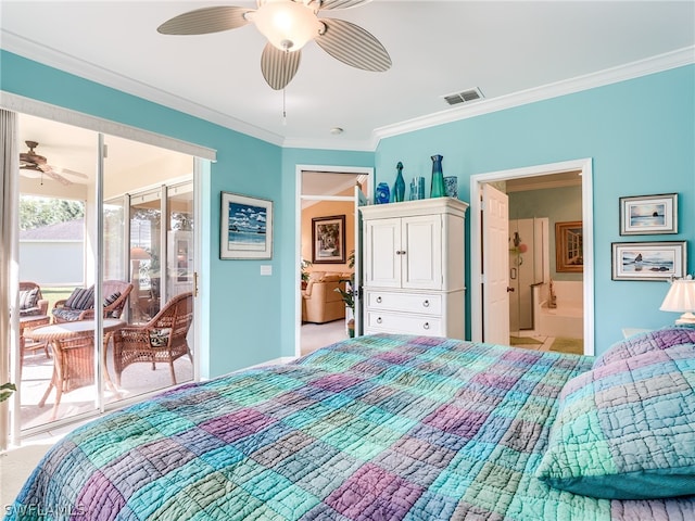 carpeted bedroom featuring ensuite bath, ceiling fan, crown molding, and access to exterior