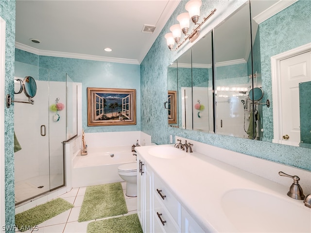 full bathroom with toilet, vanity with extensive cabinet space, double sink, separate shower and tub, and tile floors