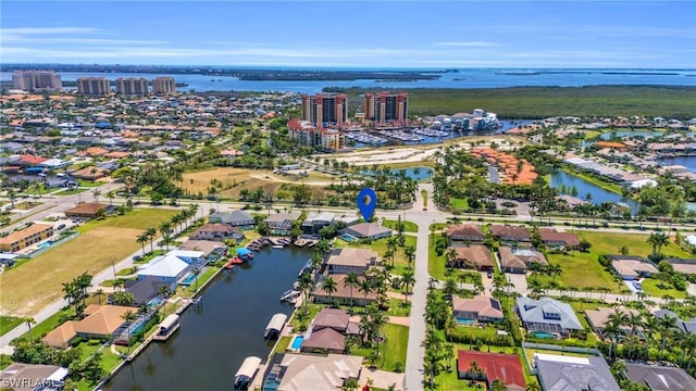 aerial view featuring a water view