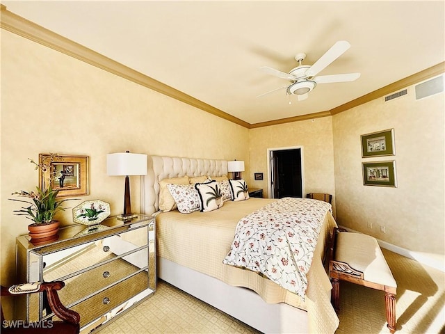 bedroom with ceiling fan and ornamental molding