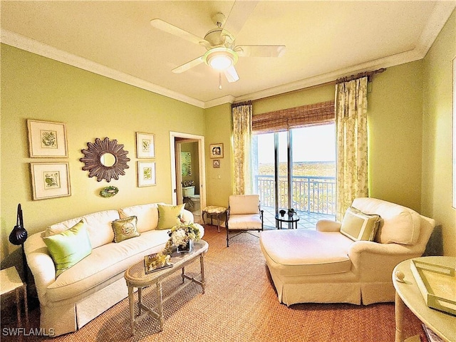 living room featuring carpet floors, crown molding, and ceiling fan