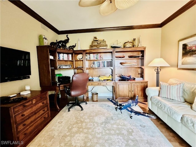 office space with hardwood / wood-style flooring, ceiling fan, and ornamental molding