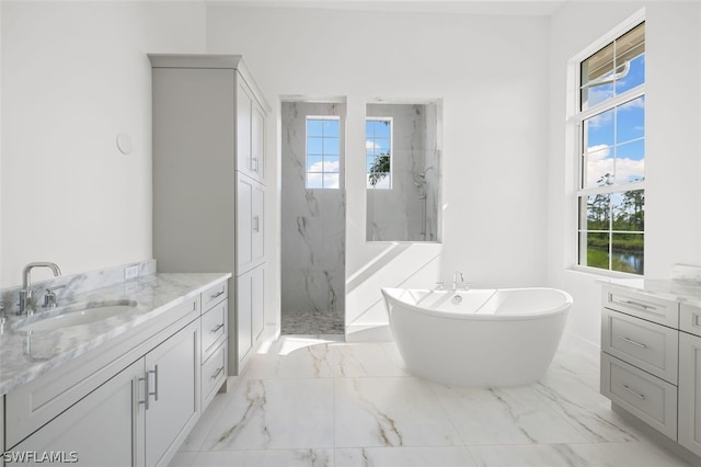 bathroom with vanity, plenty of natural light, and independent shower and bath