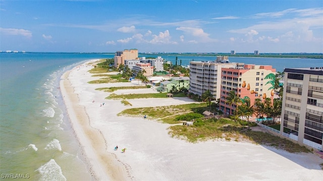 aerial view featuring a water view and a view of the beach