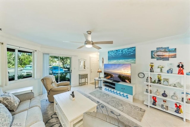 3180 Seasons Way Unit 908, Estero, FL 33928 - living room with crown molding, light tile patterned floors, and ceiling fan