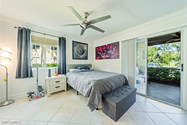 bedroom with access to outside, ceiling fan, crown molding, and light tile patterned floors