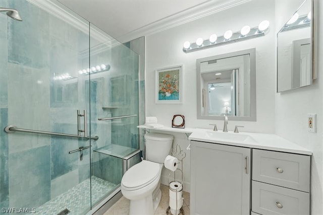 bathroom featuring vanity, toilet, walk in shower, and crown molding