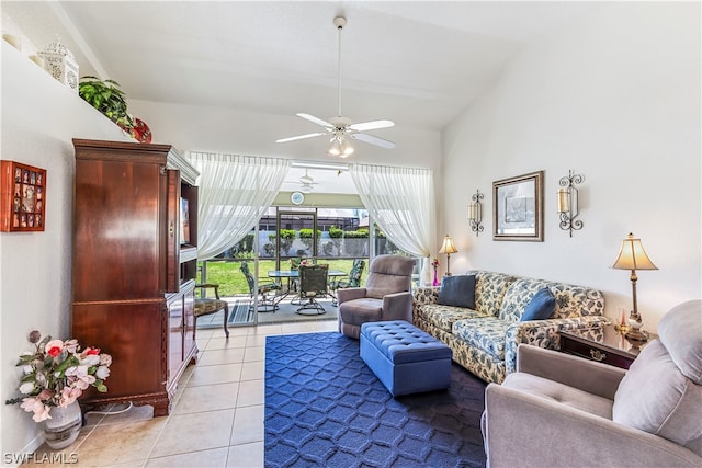 living room featuring ceiling fan and light tile floors