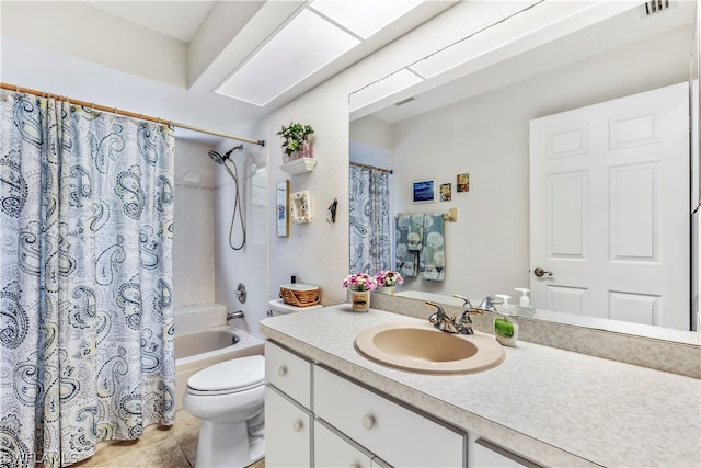 full bathroom with shower / bath combination with curtain, toilet, vanity, and tile flooring