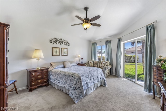 carpeted bedroom featuring vaulted ceiling, ceiling fan, and access to outside