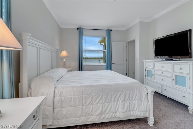 carpeted bedroom featuring ornamental molding