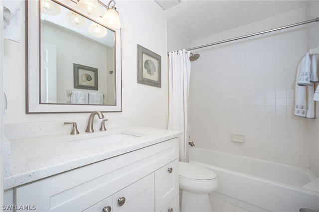 full bathroom with shower / bathtub combination with curtain, toilet, tile flooring, and vanity