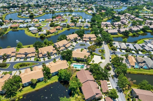 drone / aerial view featuring a water view