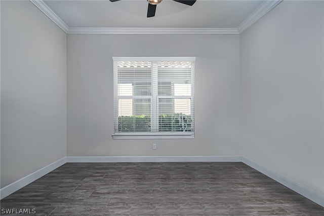 empty room featuring ceiling fan, ornamental molding, and dark hardwood / wood-style flooring