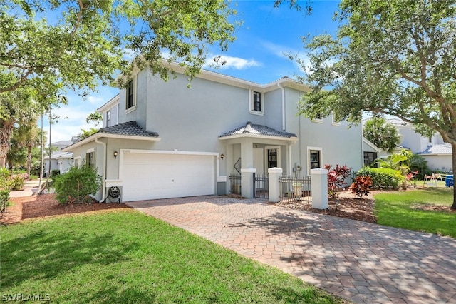 view of front of house featuring a garage and a front lawn