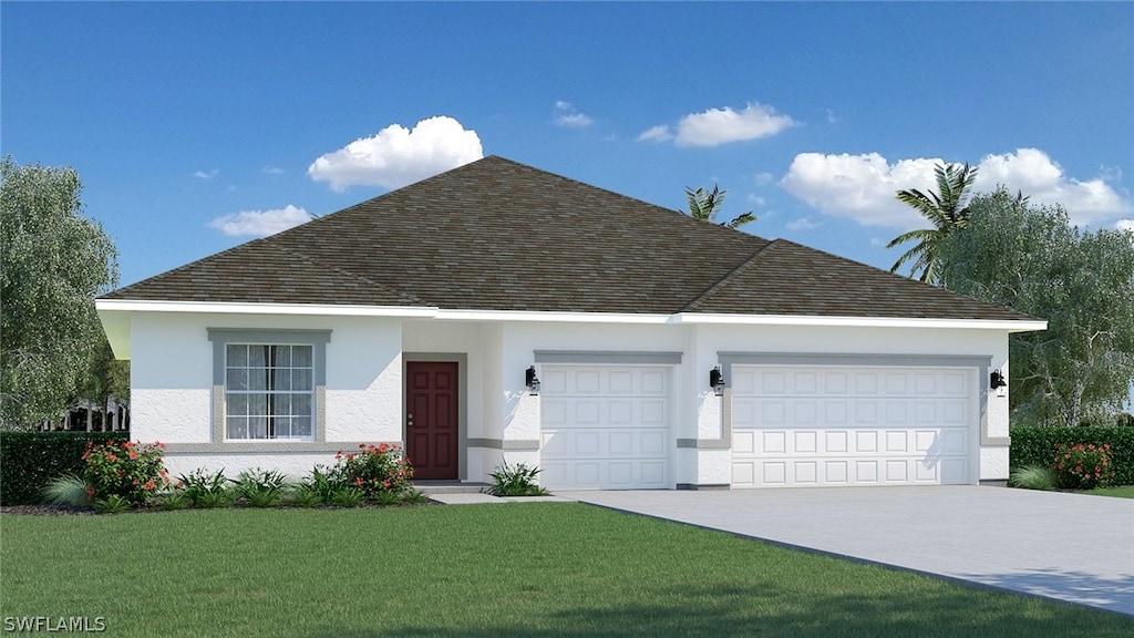 view of front of home with a front lawn and a garage