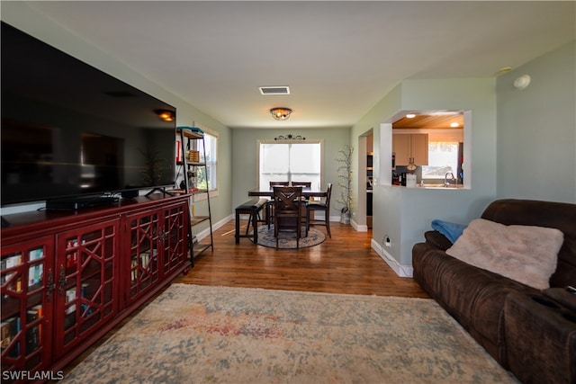 living room featuring a healthy amount of sunlight, dark wood-type flooring, and sink