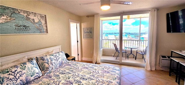 bedroom featuring ceiling fan and light tile patterned floors