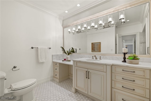 bathroom featuring baseboards, toilet, ornamental molding, vanity, and recessed lighting