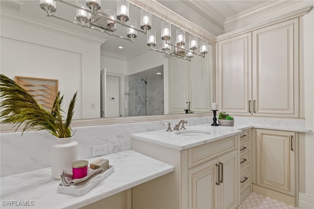 full bath with a stall shower, crown molding, and vanity