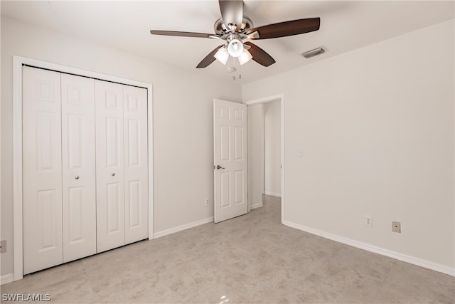 unfurnished bedroom with a closet and ceiling fan