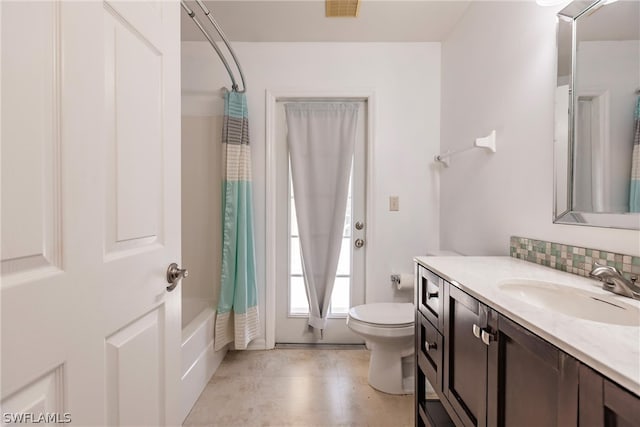 full bathroom featuring shower / tub combo, toilet, tile floors, and vanity