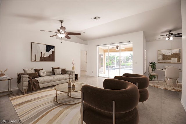 tiled living room featuring vaulted ceiling and ceiling fan