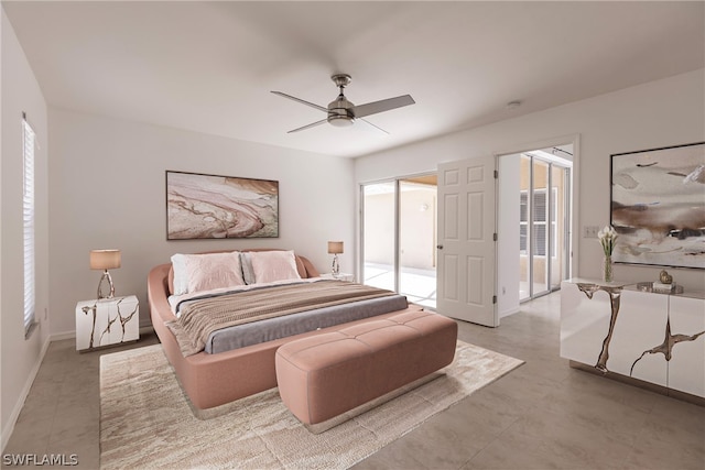 bedroom featuring ceiling fan, access to exterior, and tile floors