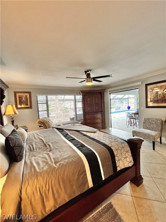 bedroom with light tile patterned floors, access to outside, ceiling fan, and ornamental molding