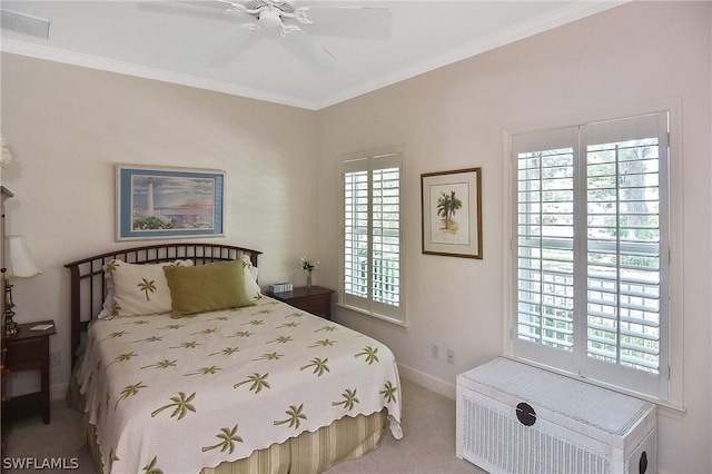 bedroom featuring carpet flooring, ceiling fan, and multiple windows