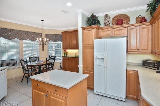 kitchen featuring a center island, decorative light fixtures, white appliances, a notable chandelier, and light tile floors