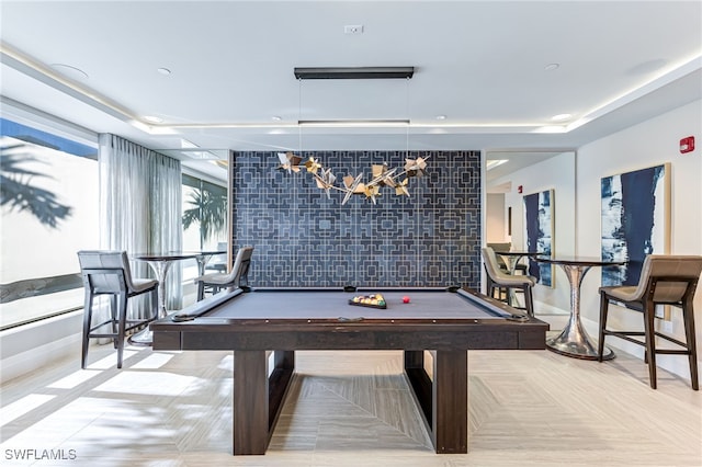 playroom featuring a wealth of natural light, tile walls, and billiards