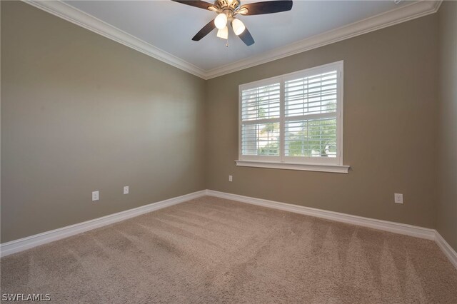 carpeted spare room featuring ornamental molding and ceiling fan