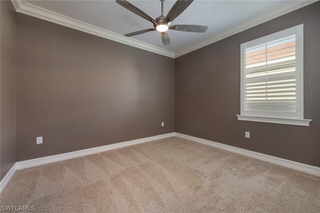 spare room featuring light colored carpet, ceiling fan, and crown molding