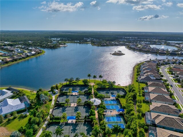 drone / aerial view with a water view