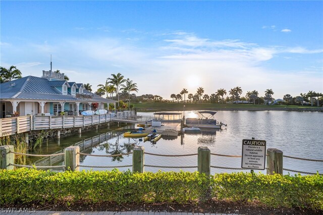 exterior space with a water view