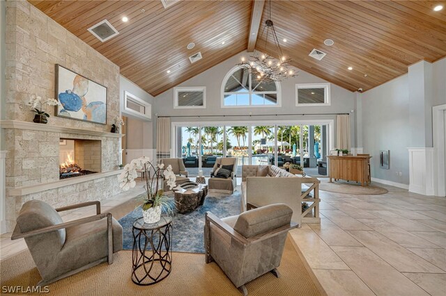 living room featuring a notable chandelier, beam ceiling, high vaulted ceiling, and wooden ceiling