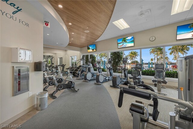 gym with a paneled ceiling and a towering ceiling