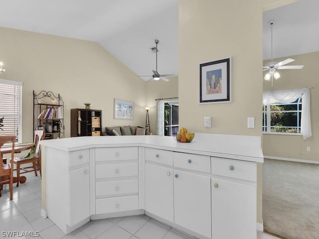 kitchen with light carpet, ceiling fan, and plenty of natural light